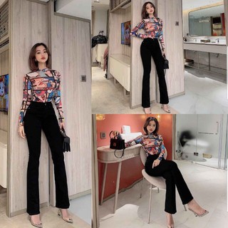 Quần Jeans Nữ Ống Loe Đen Trơn Cạp Cao [ Ảnh Thật ]