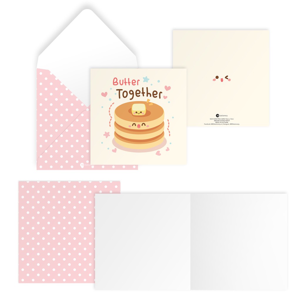 Thiệp tình bạn, tình yêu Valentine BUTTER TOGETHER vuông 12cm SDstationery CONFECTION bánh pancake bơ