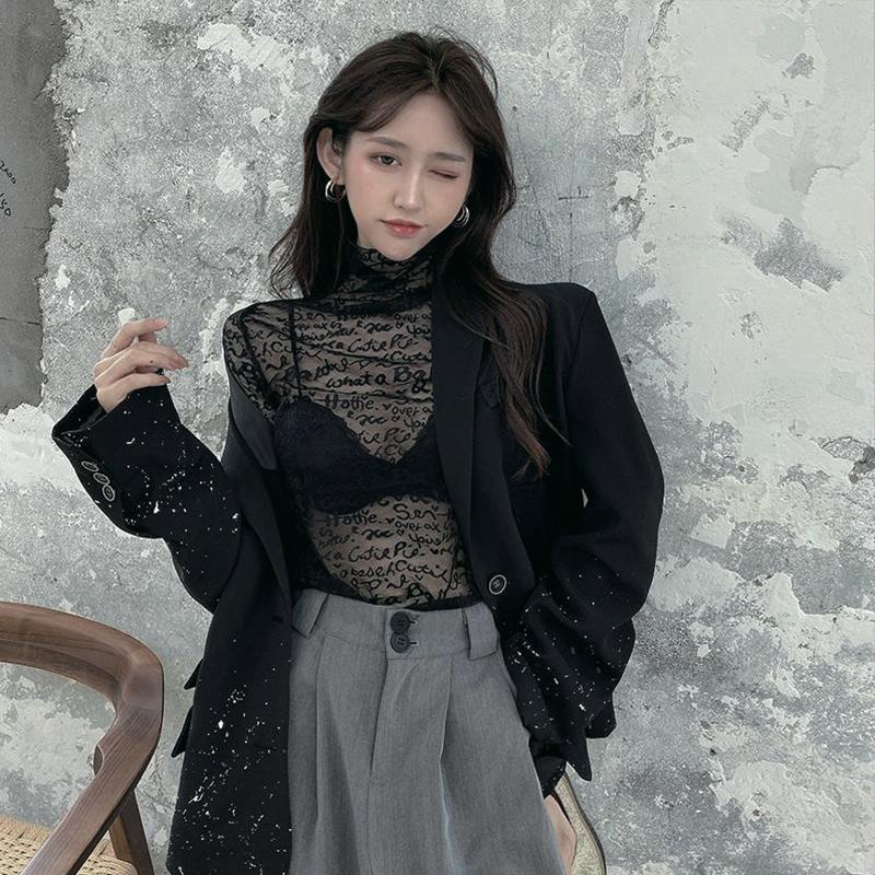 Áo sơ mi kiểu lưới nhìn thấu in chữ thời trang phương Tây thoáng khí cho nữ