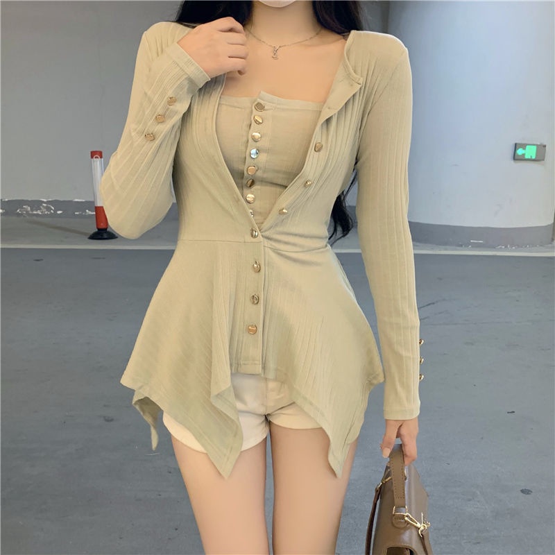 Bộ áo khoác cardigan cổ tròn tay dài phối áo hai dây màu trơn thời trang mùa thu dành cho nữ