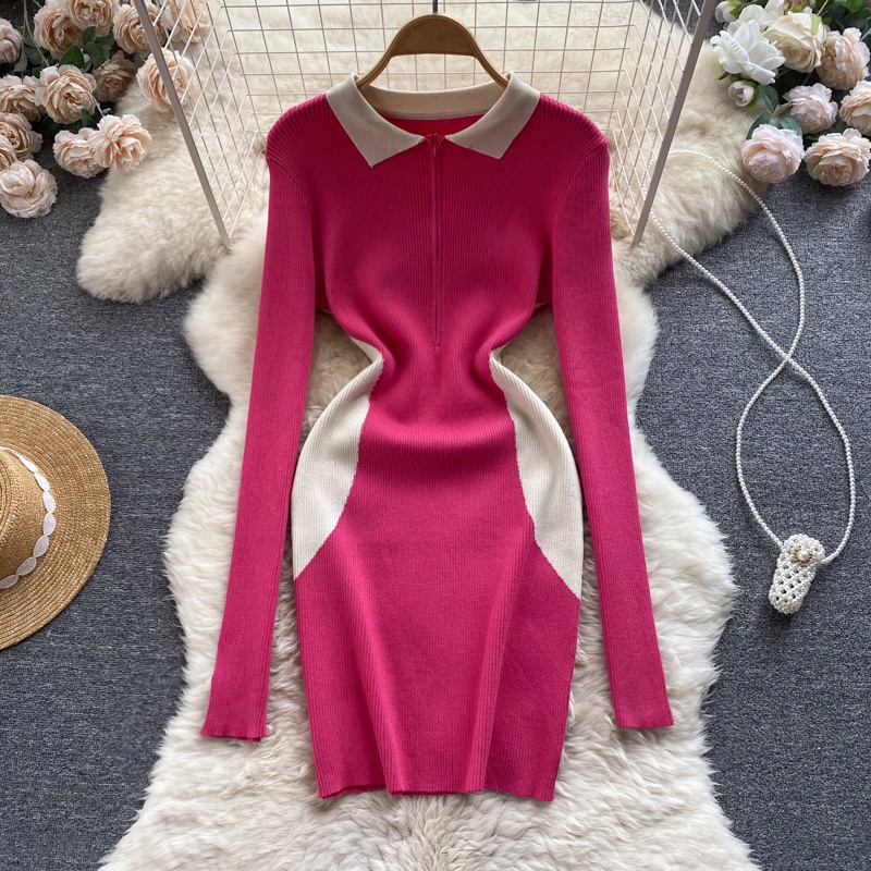 Đầm len cổ polo kéo khóa cổ, váy len dáng ôm