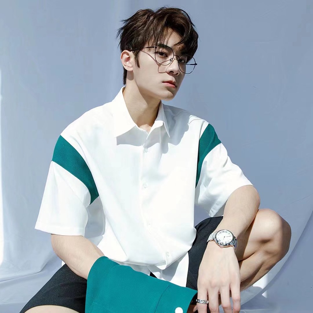 Áo Sơ Mi Ngắn Tay Phối Màu Cá Tính Theo Phong Cách Mùa Hè Nhật Bản Dành Cho Nam / Size M-2XL / 2 Màu