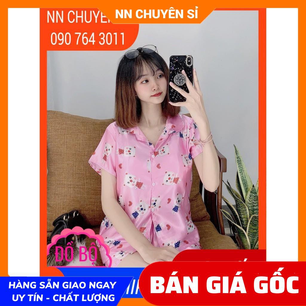 Đồ bộ nữ mặc nhà cổ pijama chất phi bóng mềm mịn mát in hình heo in hình hello kitty in hoạt hình dễ thương