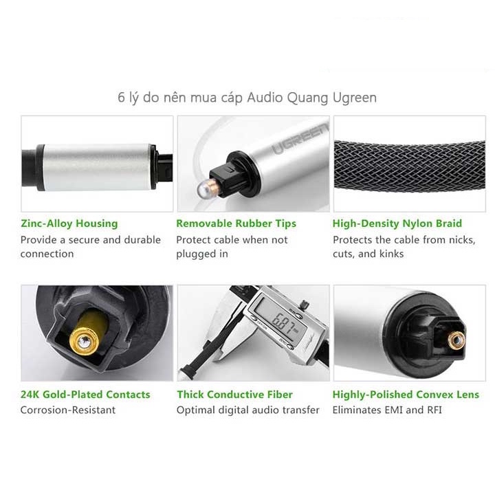 Cáp âm thanh Audio quang  vỏ nhôm Ugreen 10539 10542 10541 10540 Dài 1m - 3m -  Chính Hãng