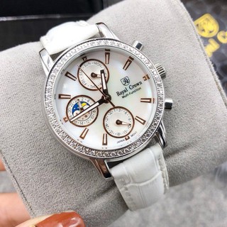 Đồng hồ nữ royal crown 6420 dây da trắng mặt viền đá 6 kim size 34mm