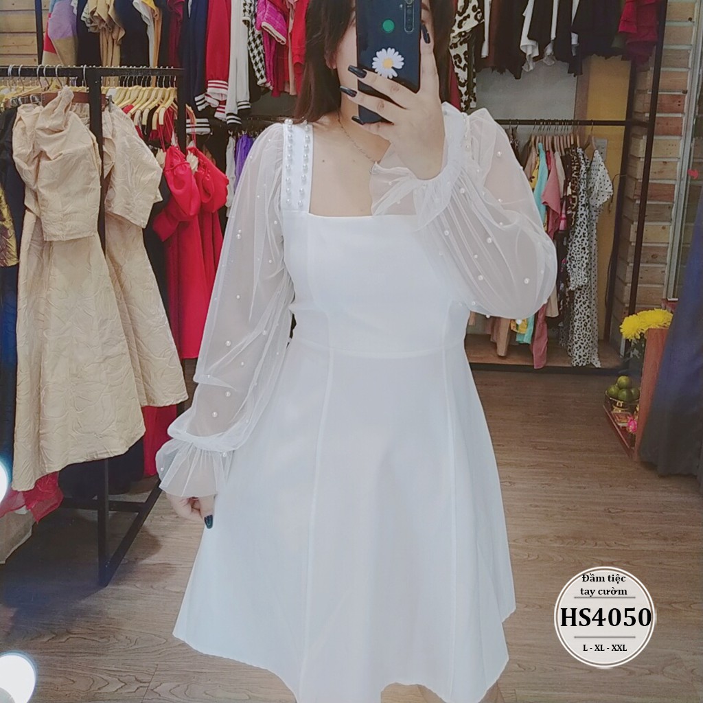 ĐẦM BIGSIZE DỰ TIỆC TAY VOAN ĐÍNH CƯỜM SIÊU SANG CHẢNH HS4050 - Hình thật kèm video - MÀU ĐEN,TRẮNG - SIZE L,XL,XXL | BigBuy360 - bigbuy360.vn