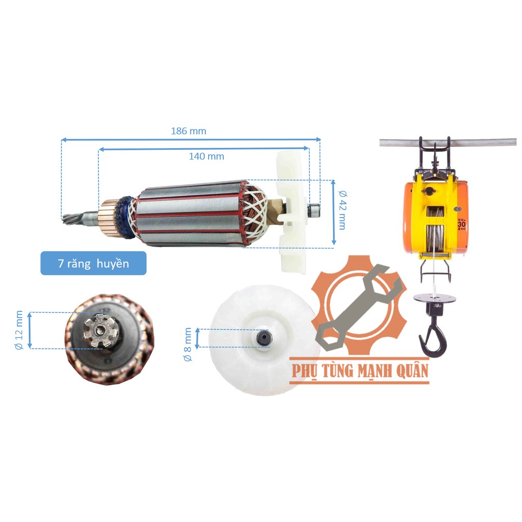 rotor/ruột máy tời than 7 răng tặng kèm đôi than cao cấp