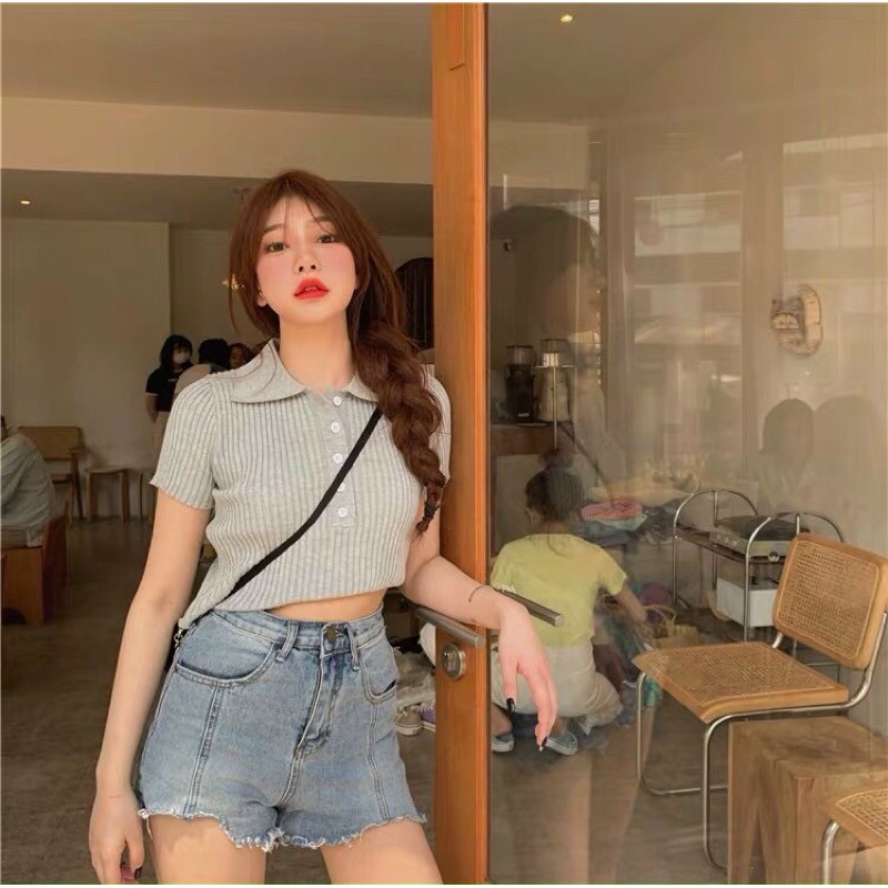 Áo len mỏng cộc tay cổ bẻ cúc ngực