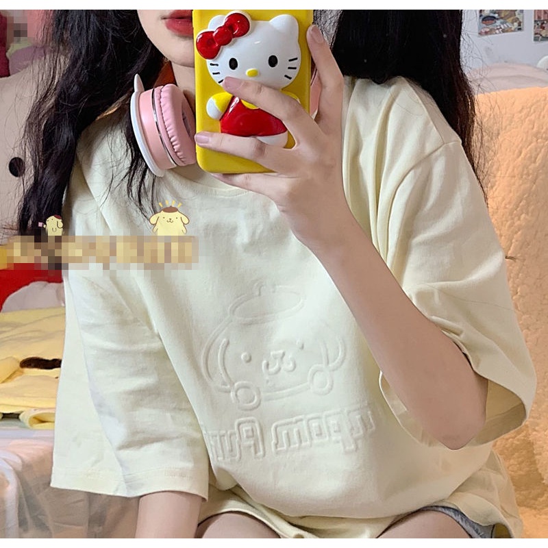 Áo Thun Tay Ngắn Cổ Tròn Dáng Rộng Dập Nổi Họa Tiết Dễ Thương Phong Cách Nhật Bản Thời Trang Mùa Hè
