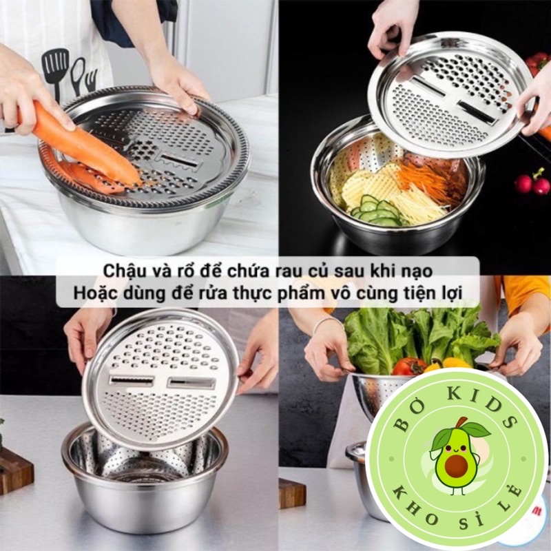 Bộ Rô Nạo INOX Kèm Chậu Đa Năng 3 Trong 1 Bát Inox Trộn Rau Củ Kèm Bộ Nạo Đa Năng bokisd.store