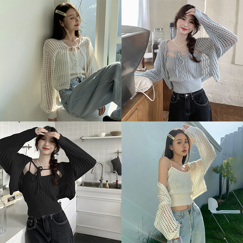 Set Áo Hai Dây + Áo Khoác Cardigan Dài Tay Màu Sắc Đơn Giản Cho Nữ