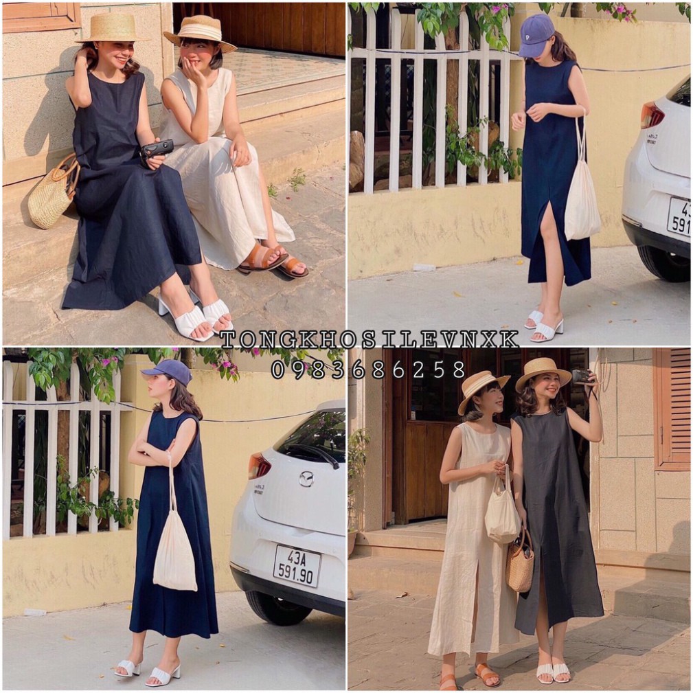 Váy Tanktop Ba Lỗ Xẻ Tà 🌸 Đầm đũi maxi dáng suông trơn màu TRẮNG | Xanh Than cá tính Ulzzang 🌸 - Sp sẵn