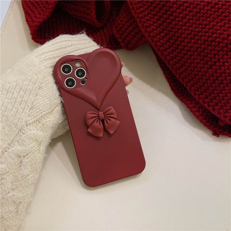 Ốp điện thoại TPU mềm siêu mỏng đính nơ màu đỏ rượu vang thời trang cho IPhone 13 12 11 Pro Max X XR8 7 Plus