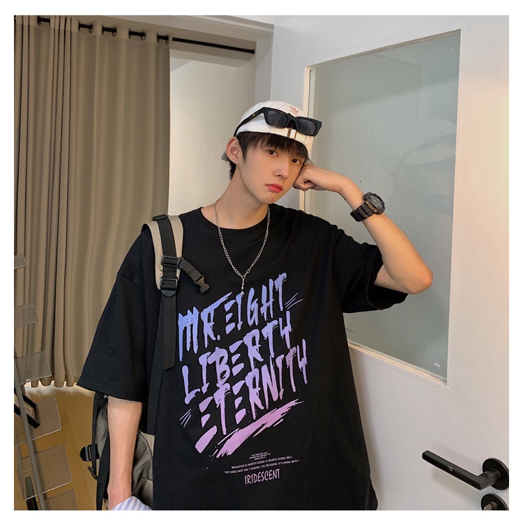 ♞AFF LIGA♞ Áo thun tay lỡ cổ tròn dáng rộng in chữ màu trơn phong cách mùa hè cho nam