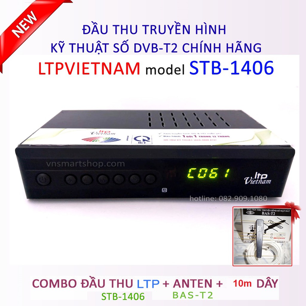 Combo Đầu thu DVB T2 LTP-1406 Hãng Ltp Việt Nam kèm Anten khuếch đại BAS-T2 và 10m dây