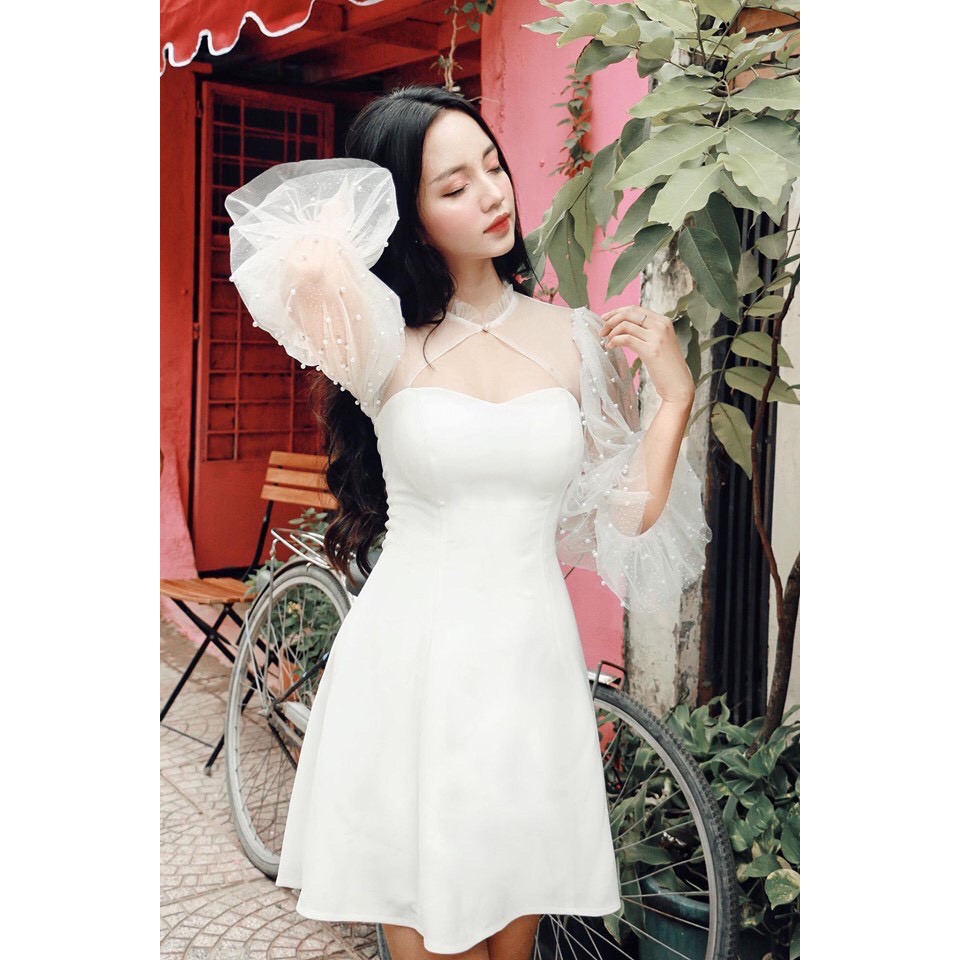 Laga Dress - Đầm nữ dự tiệc tay phồng phối lưới đính hạt lấp lánh kiêu sa  - cece house