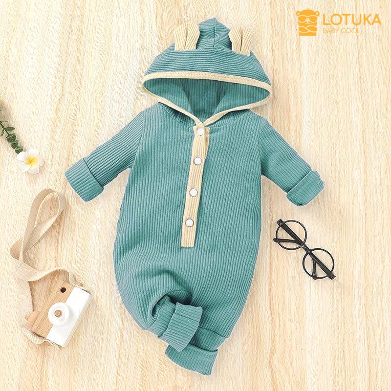 Áo Liền Quần Bé Gái, Bé Trai Sơ Sinh LOTUKA Chất Len Tăm, Bodysuit Có Mũ Cho Bé 3-12kg