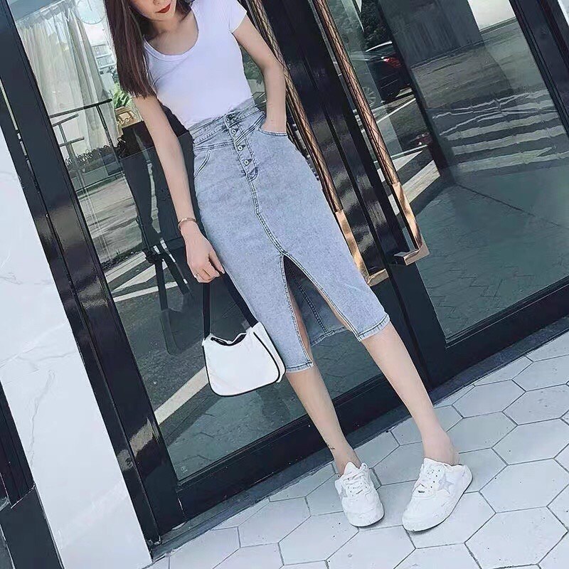 Set áo thun ôm và chân váy jeans dài Quảng Châu