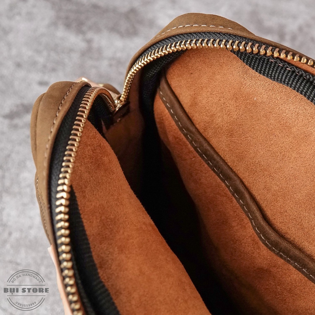 Túi đeo chéo da bò sáp nguyên miếng, Túi bao tử nam da bò thật Handmade khâu tay BH da 10 năm - Bụi Store