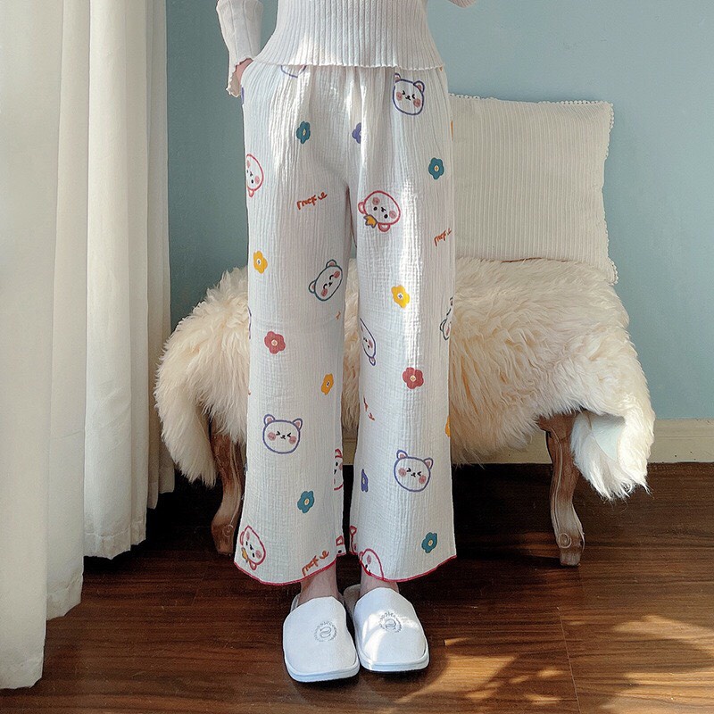 Quần dài nữ mặc nhà, mặc ngủ vải xô cotton mềm nhẹ họa tiết gấu