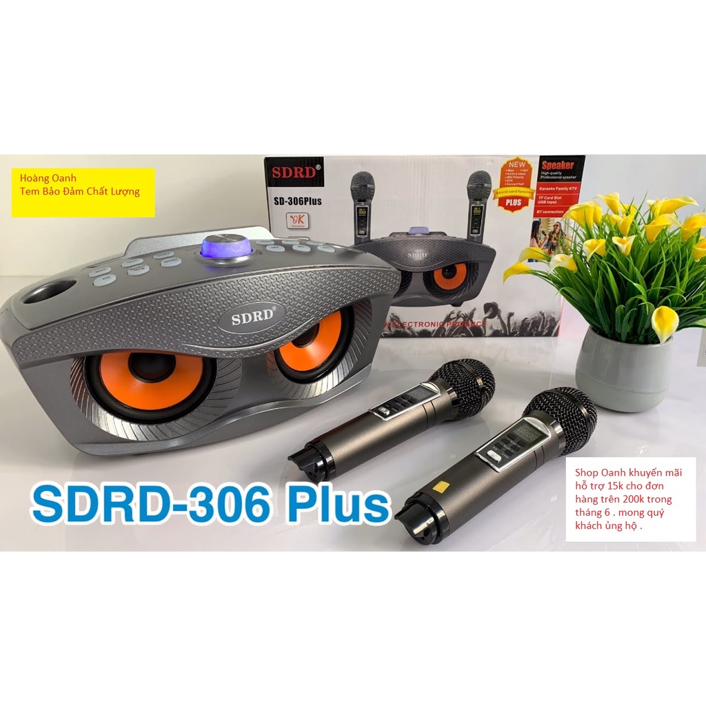 Loa bluetooth karaoke SD 306+ bản mới nhất, kèm 2 mic hát không dây, Bass cực chuẩn
