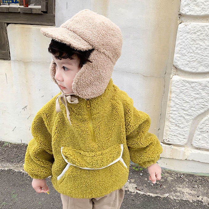Hàng mới về Áo khoác chui đầu có mũ vải lông cừu thời trang mùa đông mới cho bé trai và bé gái 2021