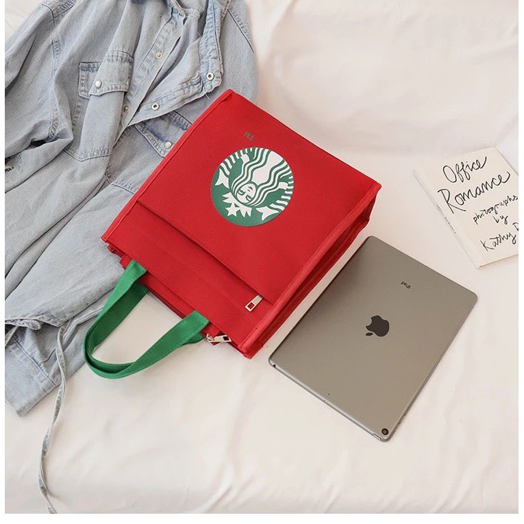 STARBUCKS  Hàng Có Sẵn Túi Tote Canvas / Túi Đựng Cơm Trưa / Túi Xách Vải Bạt Xách Tay Đơn Giản Cho Học Sinh