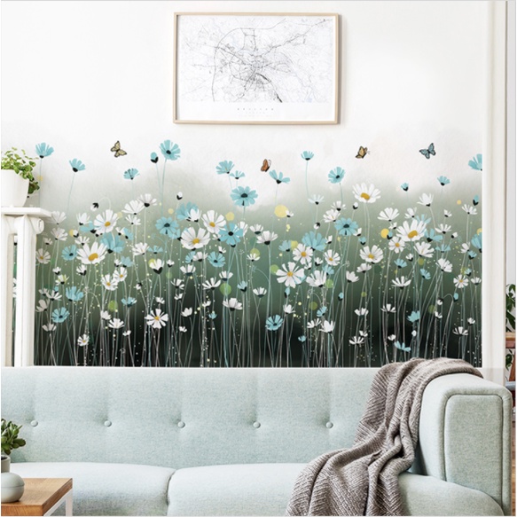 Decal trang trí tường - Chân tường cỏ dại trắng xanh