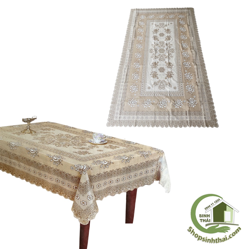 Khăn trải bàn Đài Loan màu kem nâu 137cm x 180cm - Khăn bằng nhựa không thấm nước, hoa văn nổi