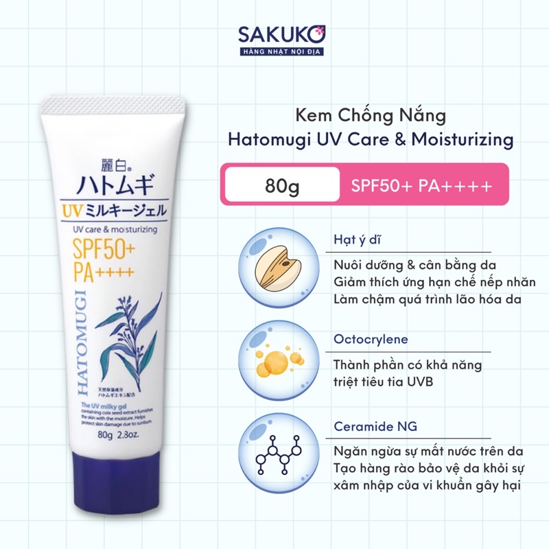 Kem Chống Nắng Trắng Da, Kem Chống Nắng Dưỡng Ẩm Toàn Thân Cho Da Khô HATOMUGI Ý Dĩ Không Màu SPF 50+ - SAKUKO
