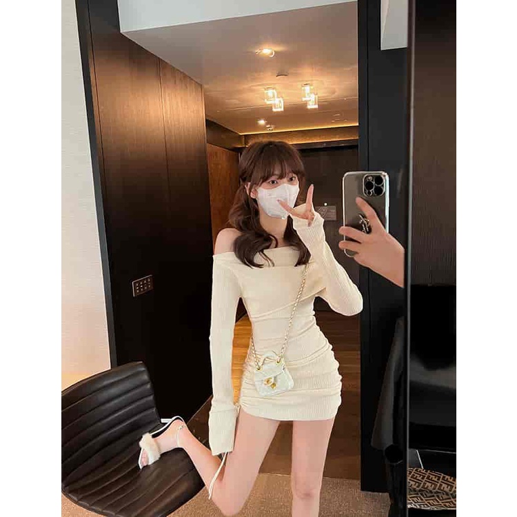 Enjoy Freedom Đầm Dệt Kim Tay Dài Dáng Ôm Hở Vai Họa Tiết Hoa Hồng Quyến Rũ Cho Nữ