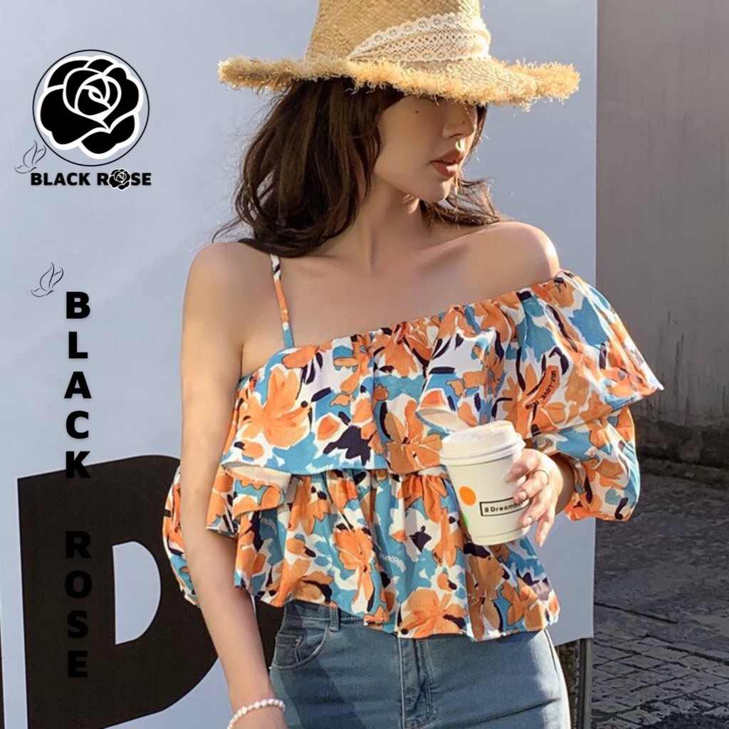 Áo Trễ Vai 2 Dây Nữ BLACK ROSE Áo Bẹt Vai Nữ Hoa Bánh Bèo - TẤM CÁM BOUTIQUE