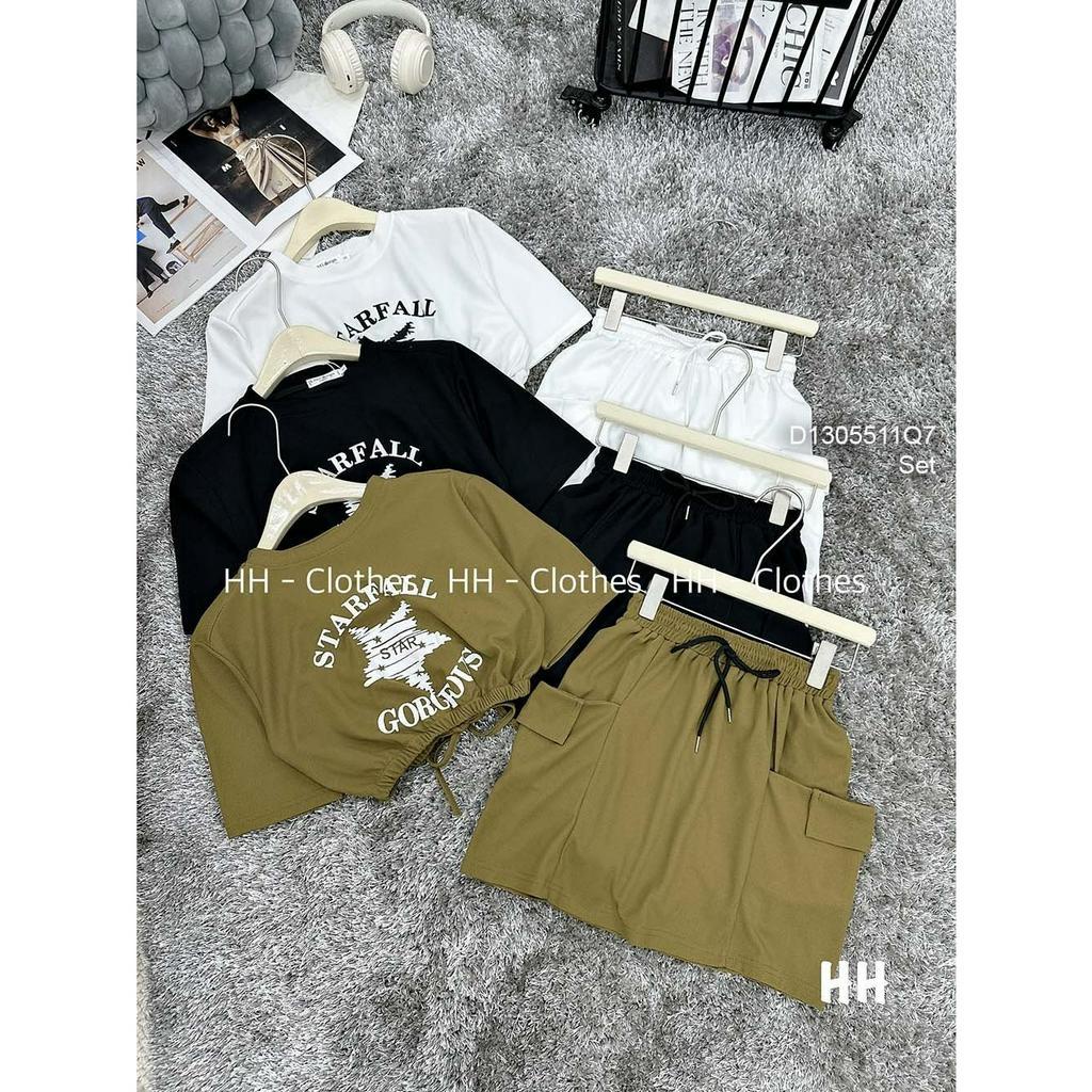 Set áo croptop khoét lưng kèm chân váp đắp túi nắp