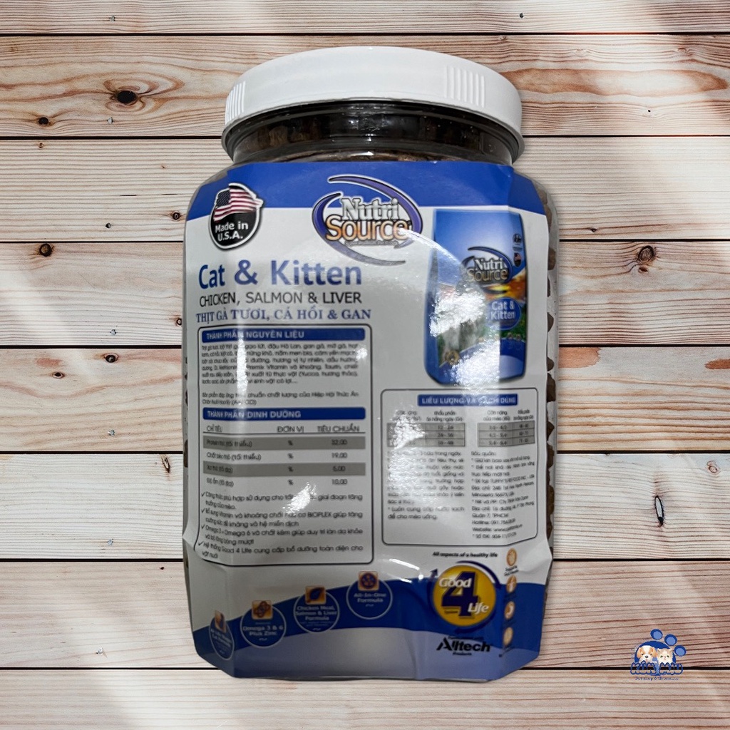 Thức ăn cao cấp dành cho mèo con và mèo trưởng thành Nutri Source vị Gà và Cá Hồi - Hộp 1kg
