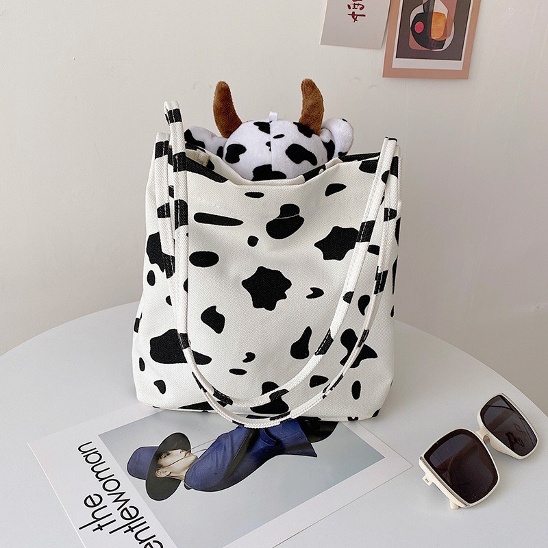 Túi Đeo Vai Vải Canvas Họa Tiết Bò Sữa Dễ Thương Kiểu Vintage Cho Nữ