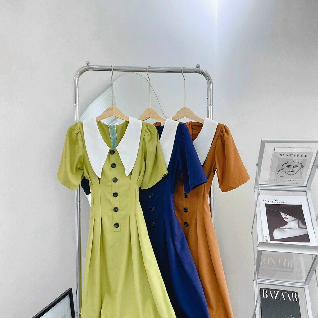 Đầm váy nữ lụa ôm eo cài nút giả phối cổ nhọn bèo xinh dáng thân tôn dáng trẻ trung sang trọng thanh lịch siêu xinh