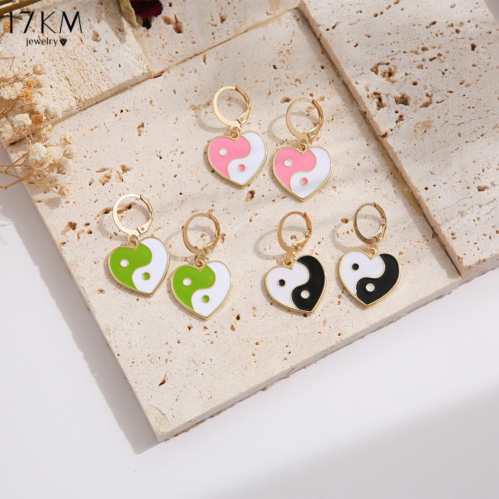 Hoa tai 17KM móc tròn hình trái tim phối màu sắc thời trang