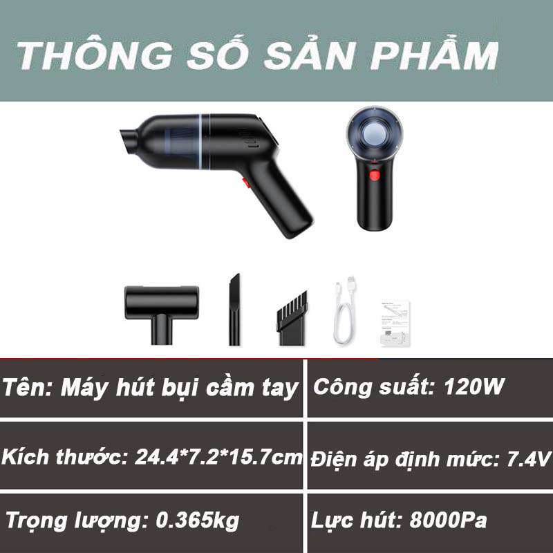 Máy hút bụi cầm tay mini, máy hút bụi giường, ô tô không dây- Lực Hút Cực Mạnh 8000pa 120w Sạc Usb