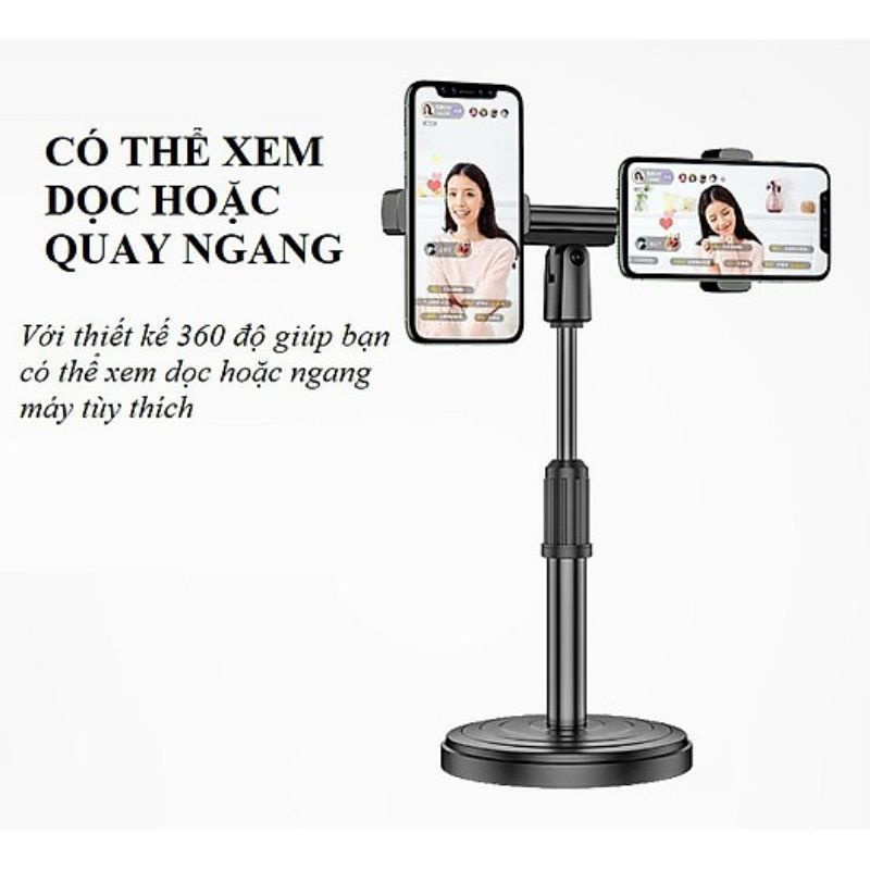 Giá đỡ hai điện thoại livestream thu âm có thể xoay dọc ngang