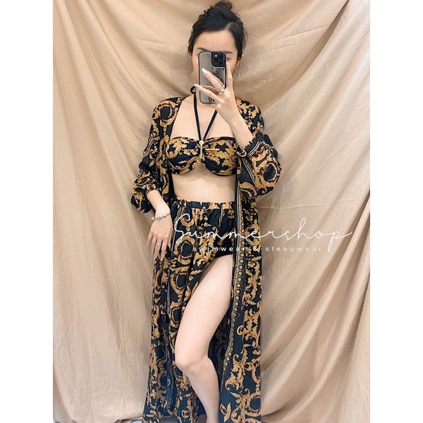 BIKINI Set 4 chi tiết 2 mảnh cạp cao thương hiệu kem váy, áo choàng