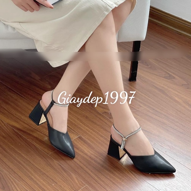 Giày cao gót mũi nhọn gót vuông 7 phân quai đính đá sang chảnh nữ tính mã M030303