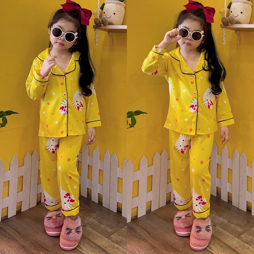 [11-22kg] Bộ đồ dài tay pijama kate lụa cho bé gái T184