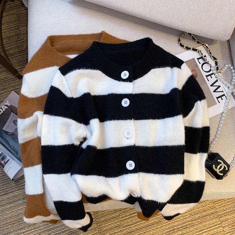 Áo Khoác Len cardigan Cổ Tròn Họa Tiết Kẻ Sọc Thời Trang Mùa Thu Mới Cho Nữ