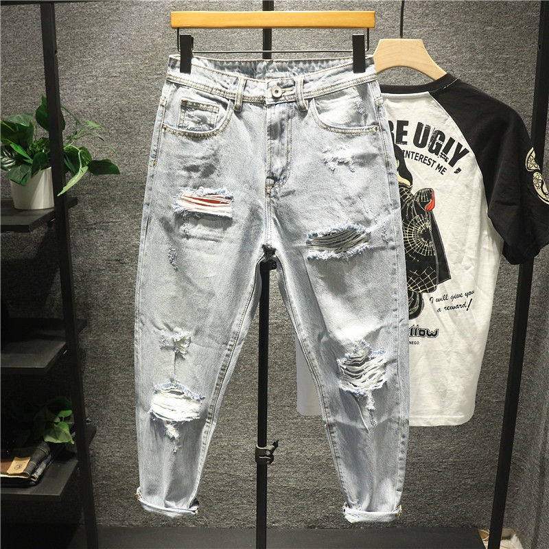 Quần Yếm Jeans Dài Rách Gối Thời Trang Cho Nam
