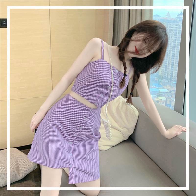ĐẦM CARO TÍM CUT OUT LỆCH TÀ