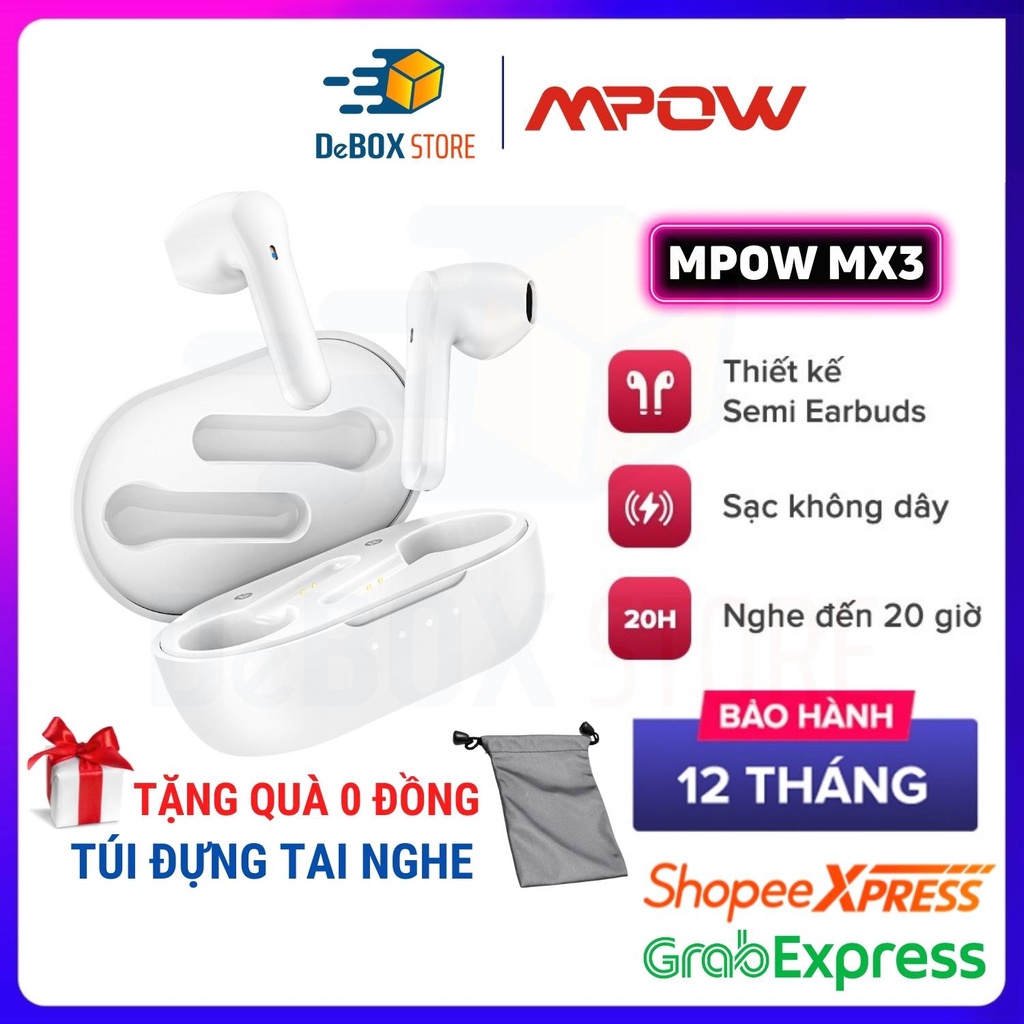 【Giao Hỏa Tốc】Tai Nghe True Wireless MPOW MX3, Sạc Không Dây, BT 5.0, Cảm Ứng, Kháng Nước IPX4 - Chính Hãng BH 12T