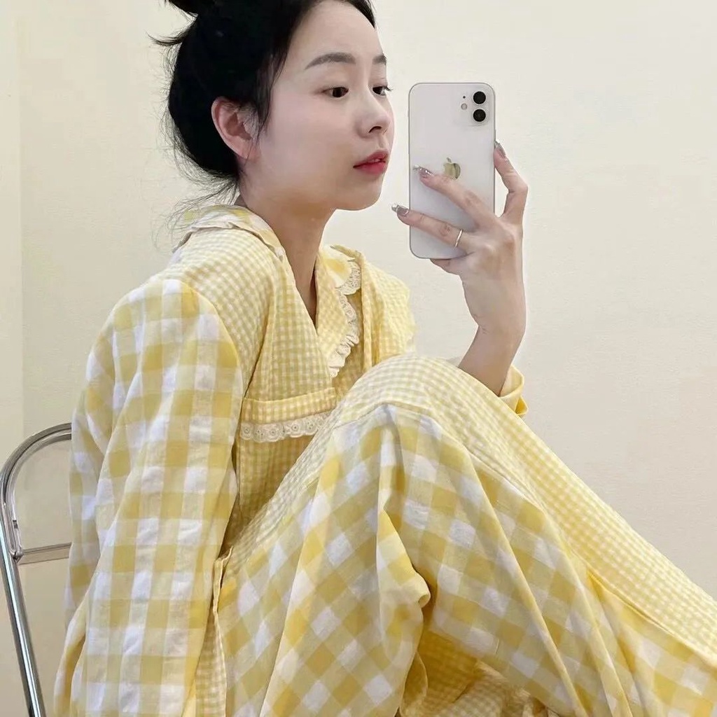 Bộ Đồ Ngủ Dài Tay Form Rộng Họa Tiết Ca Rô Vàng Phong Cách Hàn Quốc Dành Cho Nữ