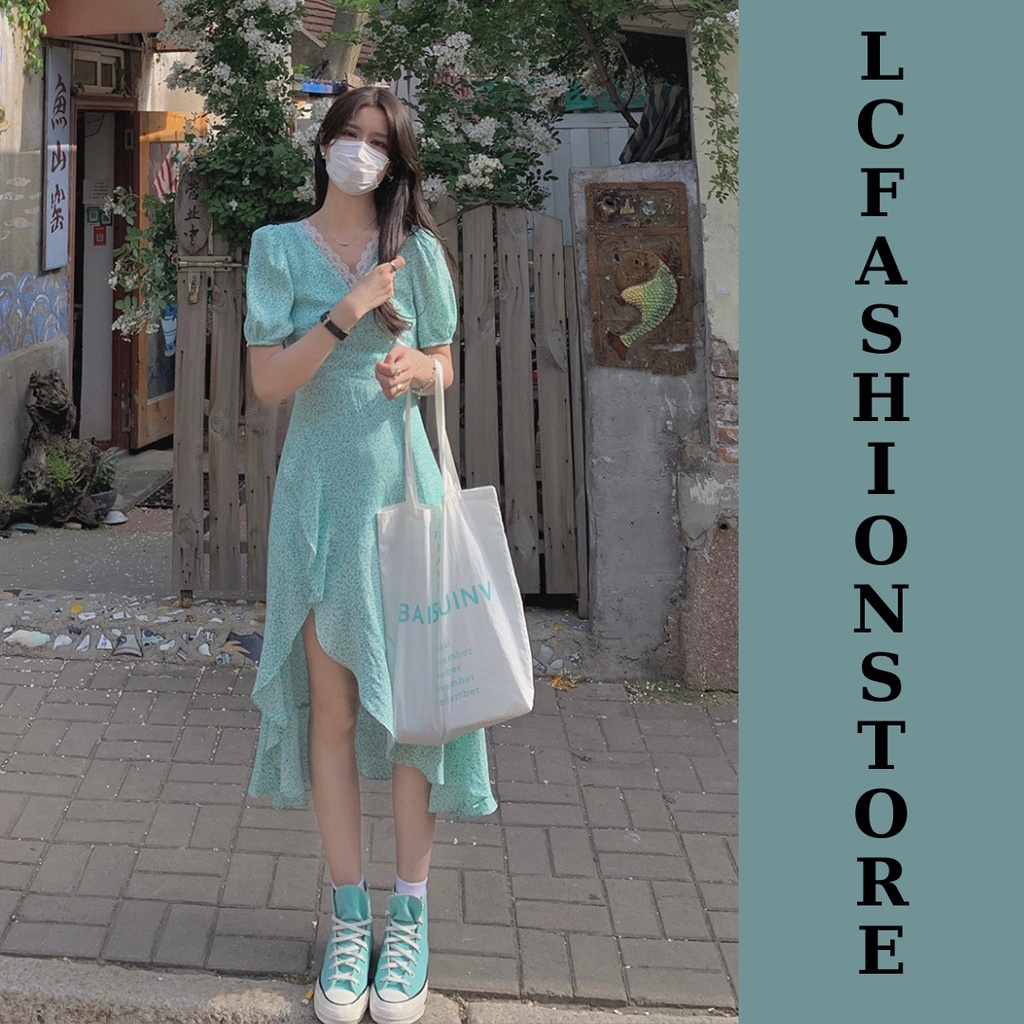 V5 Váy hoa nhí xanh lá tươi mát ngày hè LC Fashion Store