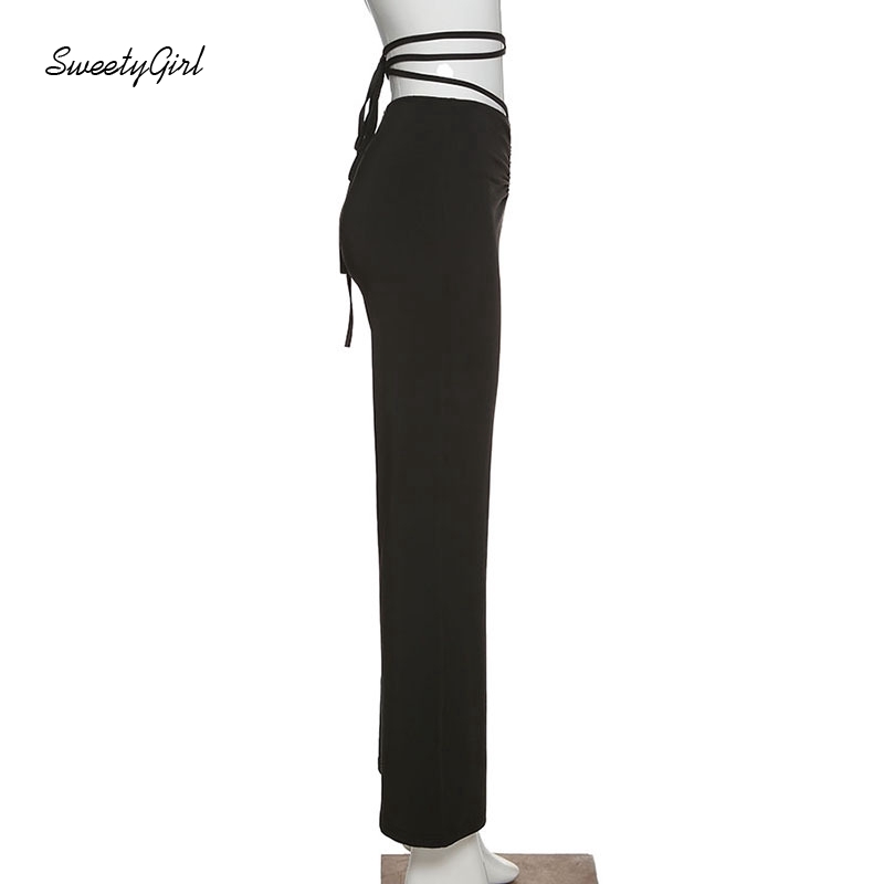 Quần Dài Ống Đứng Lưng Cao Màu Trơn Phối Dây Rút Thời Trang Đường Phố Cho Nữ