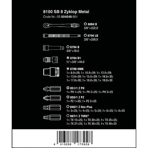 Bộ tuýp cần siết kim loại 3/8" Wera 05004048001 8100 SB 8 Zyklop Metal Ratchet Set with switch lever